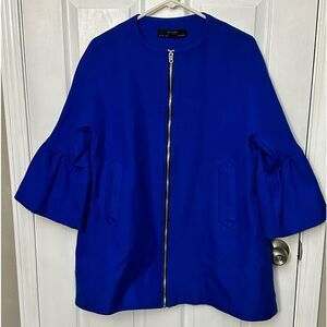 Zara Oversized Cobalt Blue 3/4 Bell Sleeve Coat Jacket Full Zip Size Large